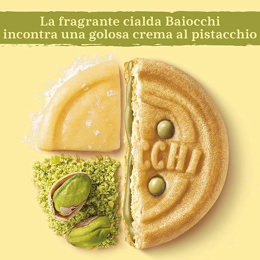 Mulino Bianco Baiocchi Al Pistacchio 168g Sandwich shortbread cookies filled with a smooth pistachio cream.