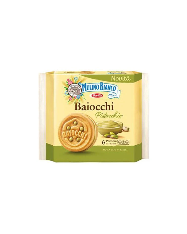 Mulino Bianco Baiocchi Al Pistacchio 168g Sandwich shortbread cookies filled with a smooth pistachio cream.