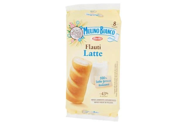 MULINO BIANCO SNACK FLAUTI MILK 280g - Sweet Italian brioche rolls filled with a rich, smooth milk cream.