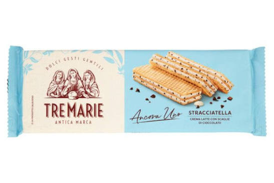 Tre Marie Ancora Uno Wafer Stracciatella 140g  Crisp Italian wafer biscuits  filled with a double layer of velvety milk cream and dark chocolate chips