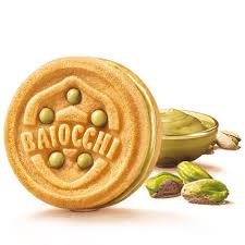 Mulino Bianco Baiocchi Al Pistacchio 168g Sandwich shortbread cookies filled with a smooth pistachio cream.