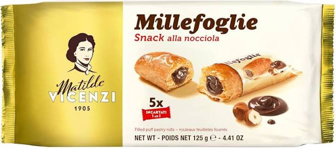 VICENZI MILLEFOGLIE MINISNACK NOCCIOLA (Mini pastry Snack with Hazelnut Cream) 125g